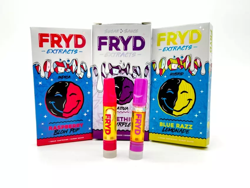 Fryd vape carts with a question about Delta 8 content, highlighting the product’s packaging.